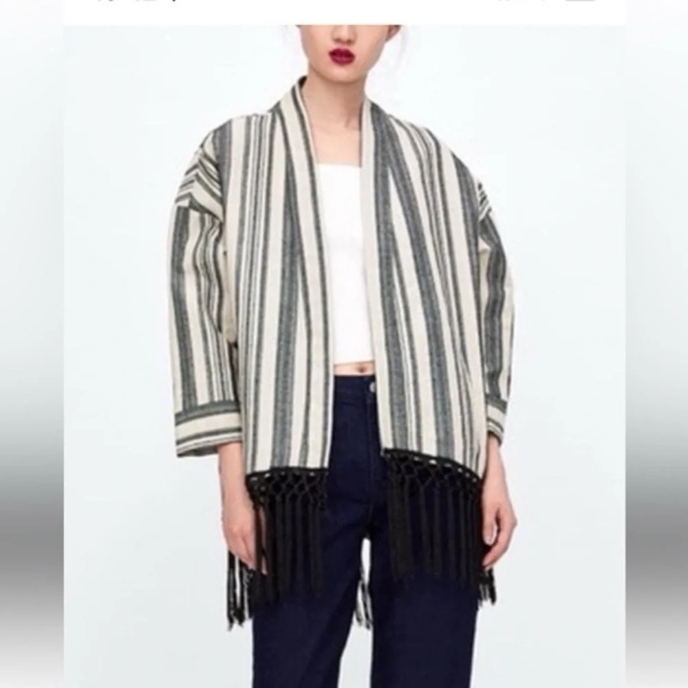 Zara Ecru Neutral Striped Boho 3/4 Sleeves Fringe Kimono festival Jacket sz sm - Picture 11 of 11